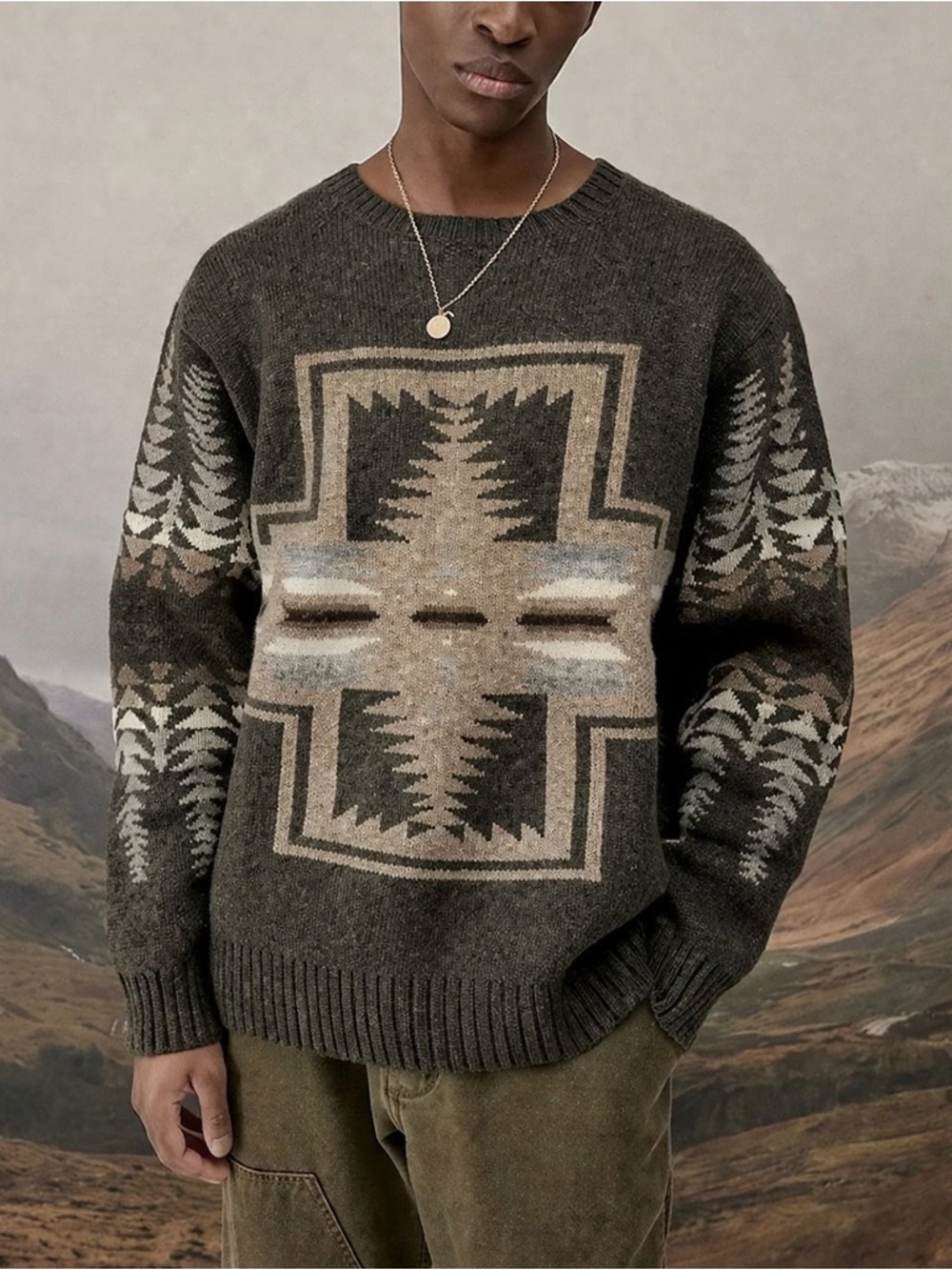 Pendleton Oversized Tribal Aztec Graphic Printed Shetland Wool Sweater
